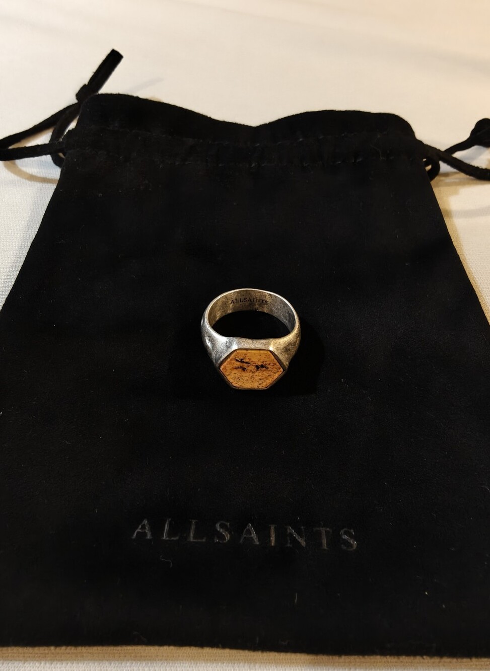 AllSaints Men’s 925 Sterling Silver Ring with a Hexagon Iron Tiger Stone